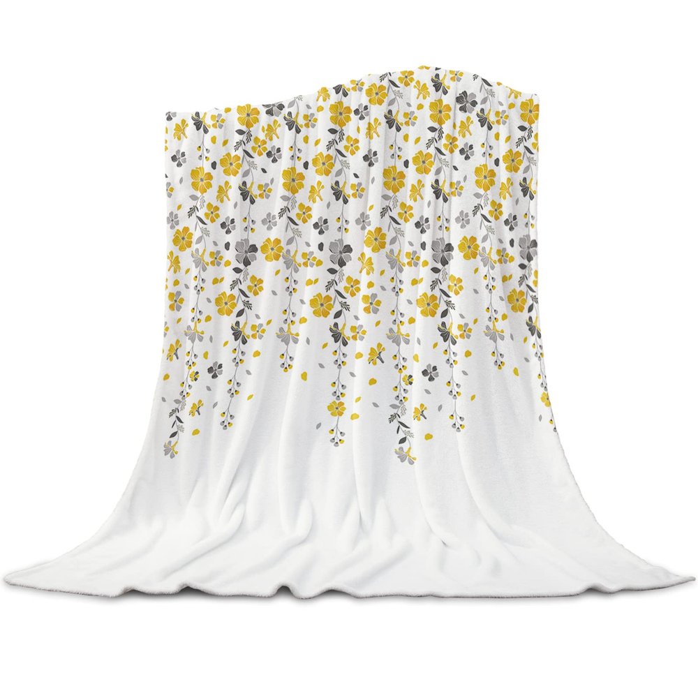 Yellow Flowers Super Soft Cozy Flannel Fleece Blanket- Yellow and Gray Floral Art Plants Lightweight Comfy Throw Blanket for Bed/Couch/Sofa/Camping 40 x 50 Inche