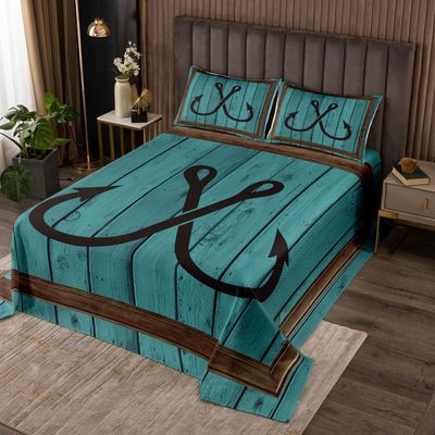 3 Piece Fishhook Pattern Quilt Bedding Set Women Aldult Lightweight Bedding Rustic Wooden Barn Bedspread Set Go Fishing Bedspread Coverlet Soft Microfiber Home Quilt Set for King Bed All Season