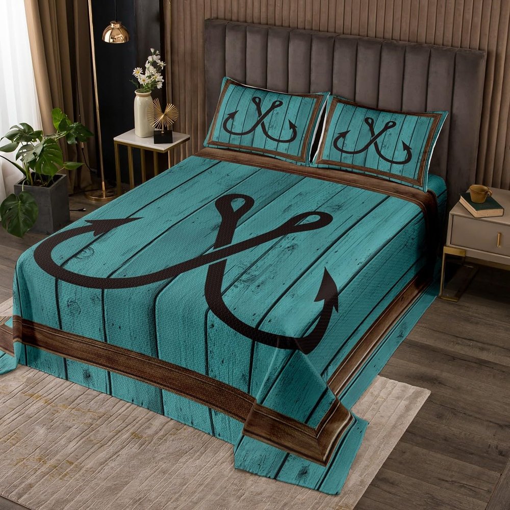 3 Piece Fishhook Pattern Quilt Bedding Set Women Aldult Lightweight Bedding Rustic Wooden Barn Bedspread Set Go Fishing Bedspread Coverlet Soft Microfiber Home Quilt Set for King Bed All Season