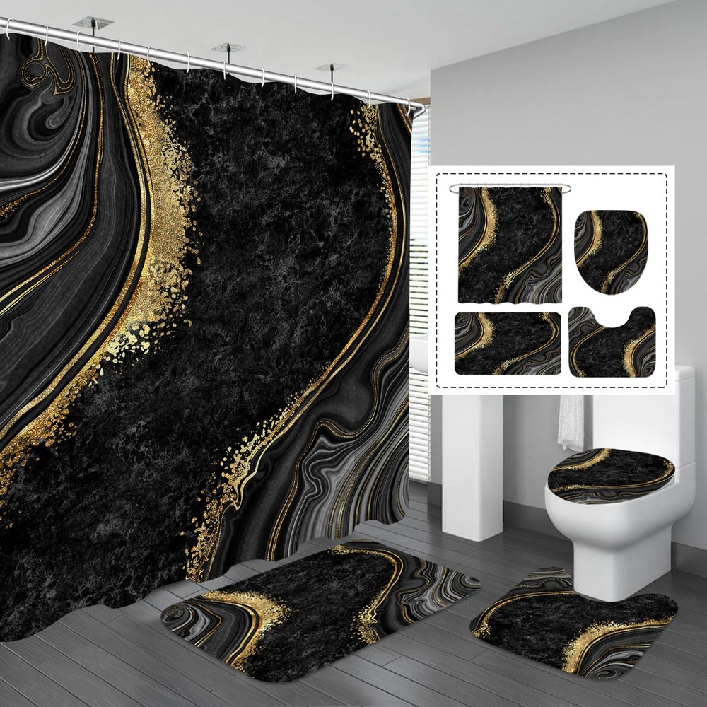Gibelle 4 Pcs Luxury Marble Shower Curtain Set with Non-Slip Rugs, Toilet Lid Cover and Bath Mat, Black Gold Bathroom Decor Set with Shower Curtain and Rugs and Accessories