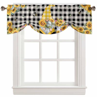 Anzona Farmhouse Sunflower Tie Up Valance for Kitchen Windows, Yellow Gnomes Retro Black Checkered Tie Up Curtains for Living Room, Adjustable Balloon Drape Valence Rod Pocket, 1 Panel, 42" W x 12" L
