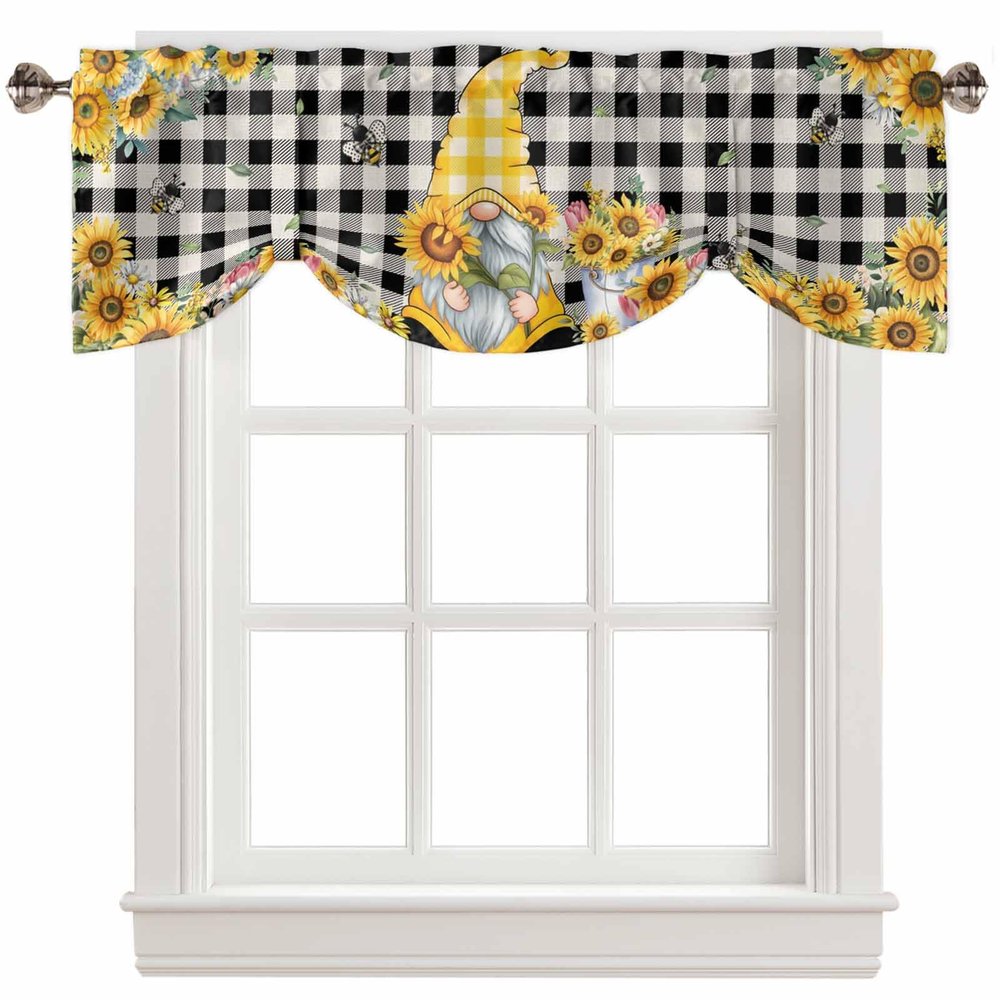 Anzona Farmhouse Sunflower Tie Up Valance for Kitchen Windows, Yellow Gnomes Retro Black Checkered Tie Up Curtains for Living Room, Adjustable Balloon Drape Valence Rod Pocket, 1 Panel, 42" W x 12" L
