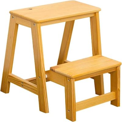 OKUOKA Household Goods 2 Steps Folding Step Ladder Wooden Ladder, Home Interior Stair Step Stool, Wooden Kitchen Step Chair Maximum Load 150kg (Wood Color)