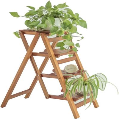 OKUOKA Folding Portable Ladder Step Stool 4-Step Ladder Stair Chair Seats Wooden Shelf Stepladder Dual-Use Climb Folding Foldable Shelving Portable Flower Rack Kitchen Indoor Home,B (B) (