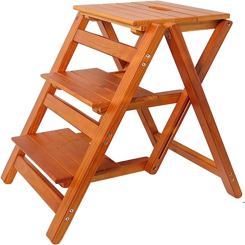 OKUOKA Indoor Climbing Stool, Step Ladder Home Step Stools, Folding Step Stool Wooden 3-Step Ladder Multi-Function Library Bedroom Living Room Easy to Store Foldable Shelving/Dark Brown (