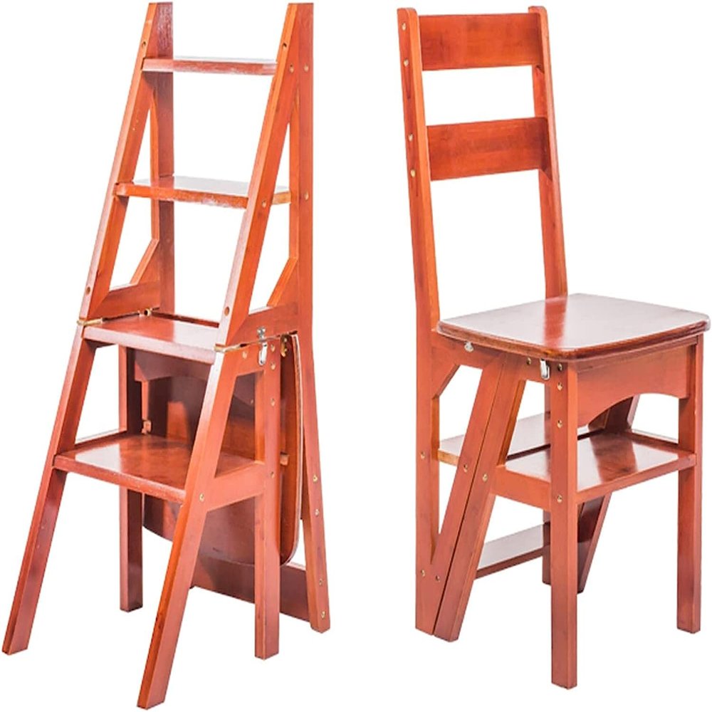 OKUOKA Wood 4 Step Stool Indoor Folding Stepladder Kitchen Wooden Ladders Folding Step Stool Portable Shoe Bench/Flower Rack Maximum Load 150kg (Brown) (Brown)
