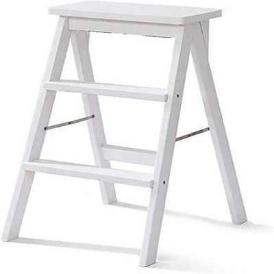 OKUOKA Step Stool Wooden Ladder Stool Household Solid Wood Step Stool 3 Steps Ladder Stool,Modern Portable Folding Stool Multifunction (Color : White)