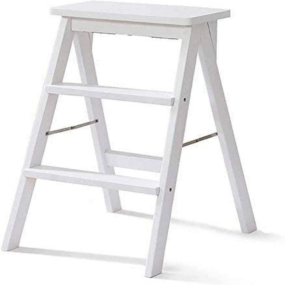 OKUOKA Step Stool Wooden Ladder Stool Household Solid Wood Step Stool 3 Steps Ladder Stool,Modern Portable Folding Stool Multifunction (Color : White)