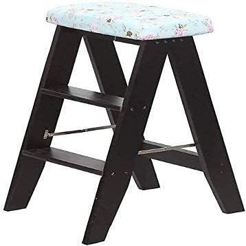 OKUOKA Step Stool Folding Chair for Step Ladder Stool/Ladder with 3 Steps Wooden Stair Chair Flower Sponge Seat 150 Kg Step Stool (Size : Black)
