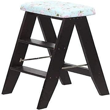 OKUOKA Step Stool Folding Chair for Step Ladder Stool/Ladder with 3 Steps Wooden Stair Chair Flower Sponge Seat 150 Kg Step Stool (Size : Black)