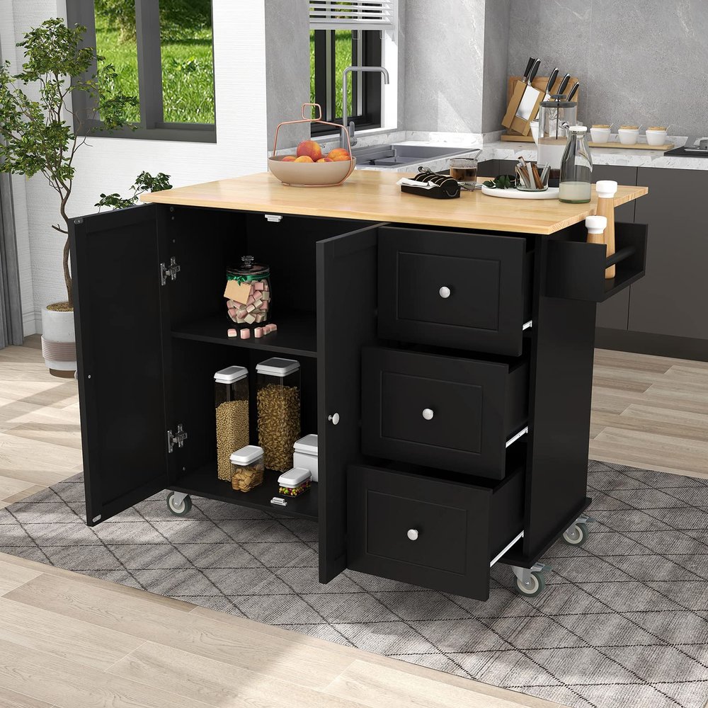 Rolling Mobile Kitchen Island with Solid Wood Top and Locking Wheels, 52.7 Inch Width, Storage Cabinet and Drop Leaf Breakfast Bar, Adjustable Shelves, Spice Rack, Towel Rack & Drawer (Black)