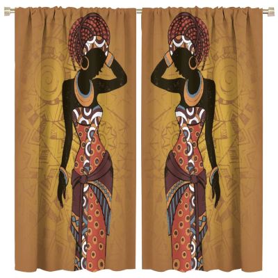 African Woman Curtains Black Girl Ethnic Decoration for Living Room Dining Kitchen Bedroom Blackout Rod Pocket Printed Window Drapes 42x45in