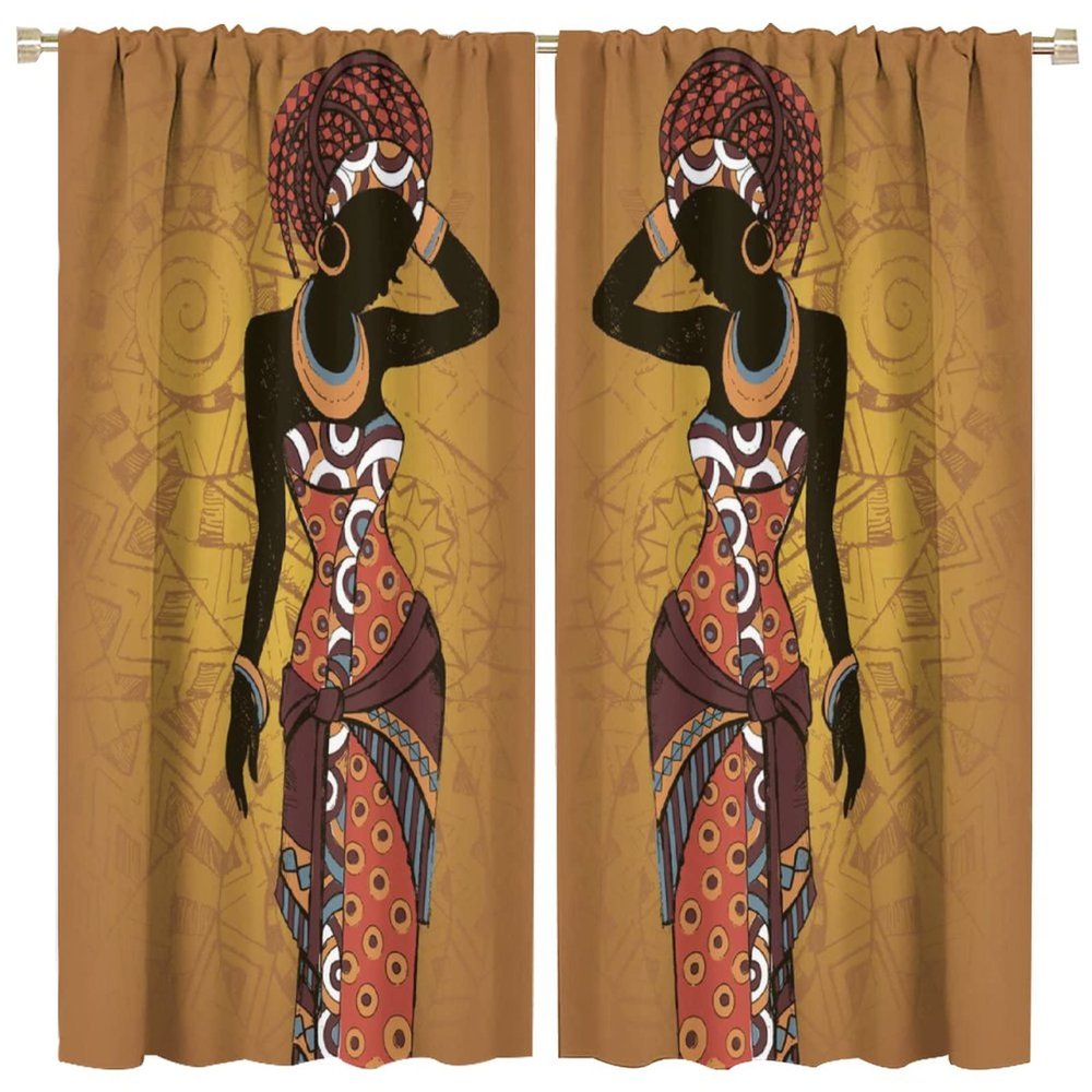 African Woman Curtains Black Girl Ethnic Decoration for Living Room Dining Kitchen Bedroom Blackout Rod Pocket Printed Window Drapes 42x45in