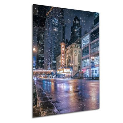 Winter Vibes Chicago, City Architecture, Urban Decor, Chicago Wall Art, Snow at night, Canvas decor (Canvas Print, (3 Panel) 36x72 Inches)