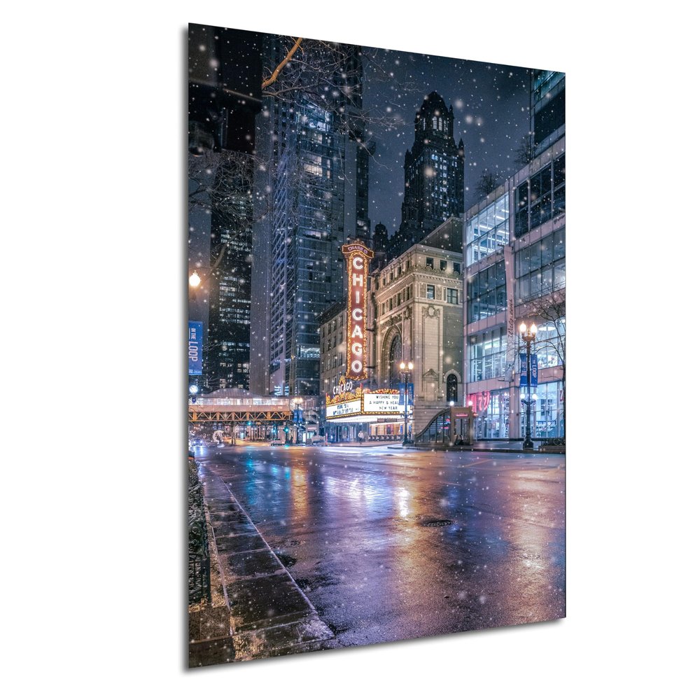 Winter Vibes Chicago, City Architecture, Urban Decor, Chicago Wall Art, Snow at night, Canvas decor (Canvas Print, (3 Panel) 36x72 Inches)