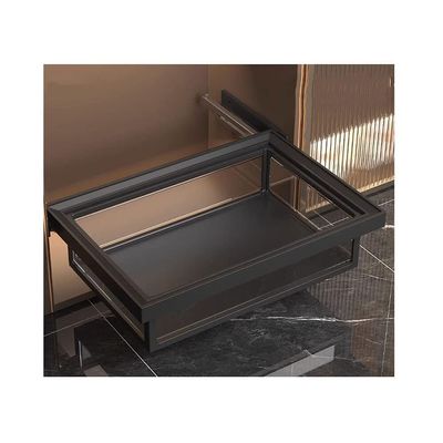 GRRICEPL Wardrobe Sliding Basket, Pull-Out Expandable Detachable Damping Mute Rail Aluminum Alloy Tempered Glass Good Visibility (Color : Black, Size : 47x56-61cm)