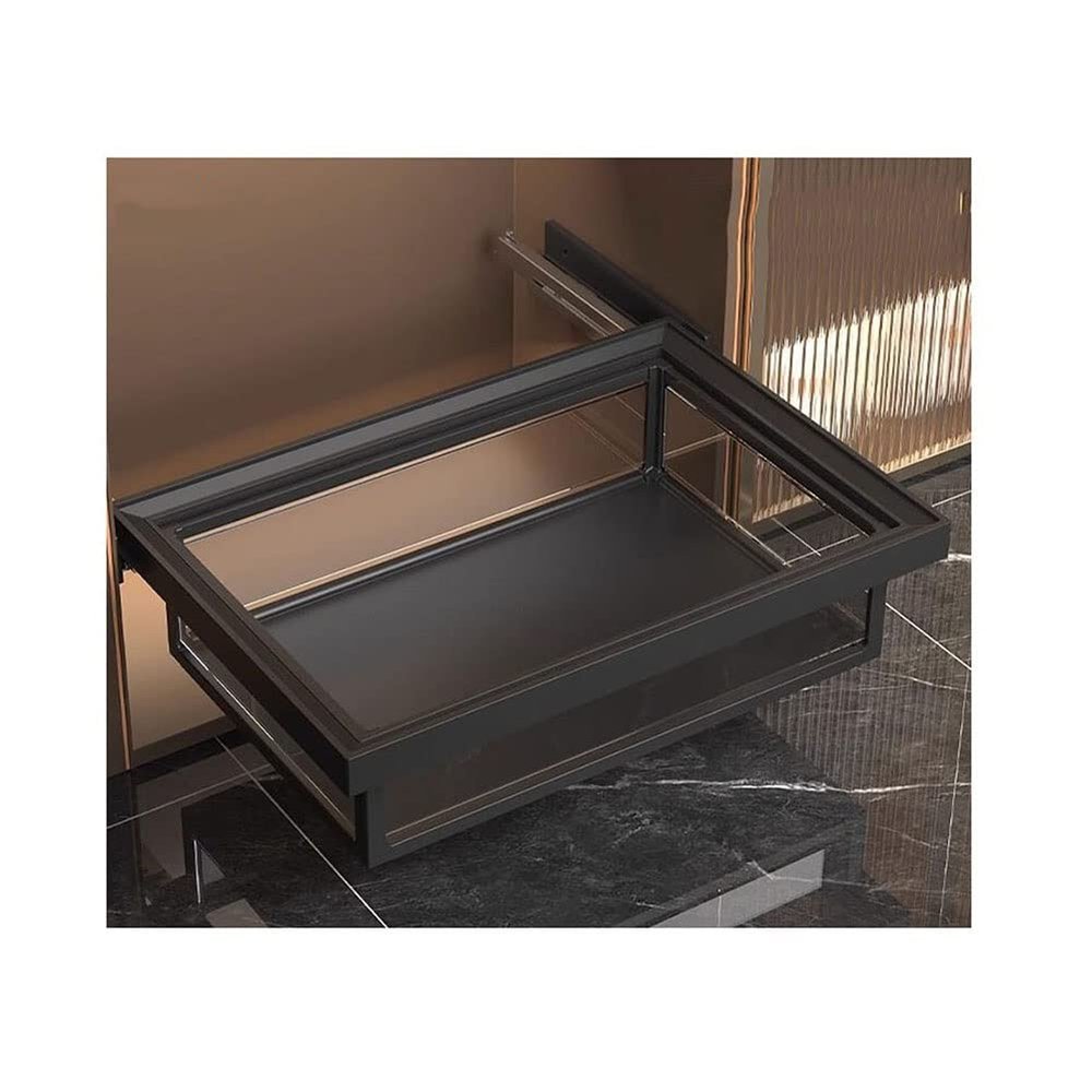 GRRICEPL Wardrobe Sliding Basket, Pull-Out Expandable Detachable Damping Mute Rail Aluminum Alloy Tempered Glass Good Visibility (Color : Black, Size : 47x56-61cm)