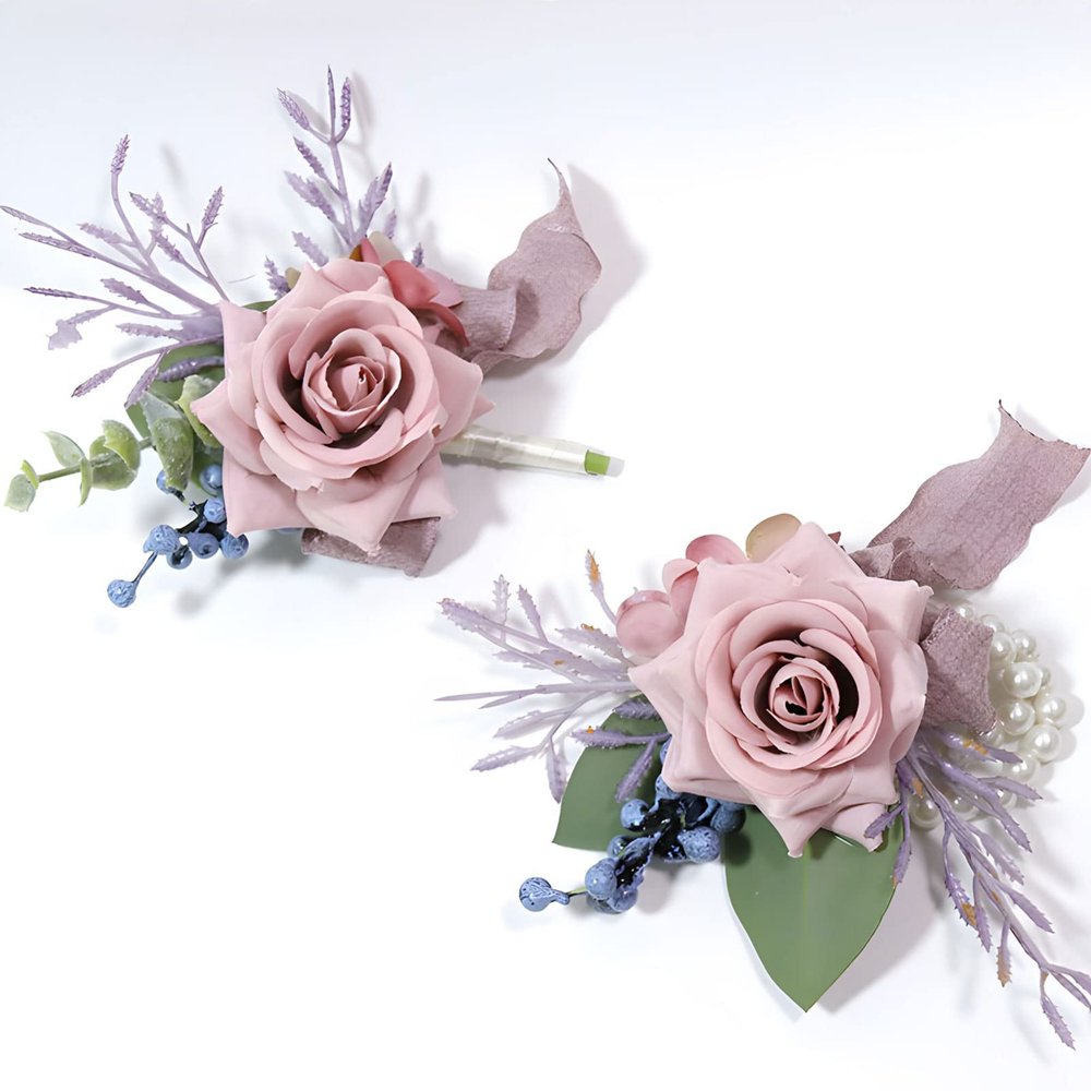 Cileruide Dusty Light Pink Wrist Corsage Boutonniere Rose Set for Wedding Bride Bridesmaid Groom Groomsmen Parents Pocket Flower Prom Homecoming Formal Dinner Father Daughter Dance (Dusty Pink Set)