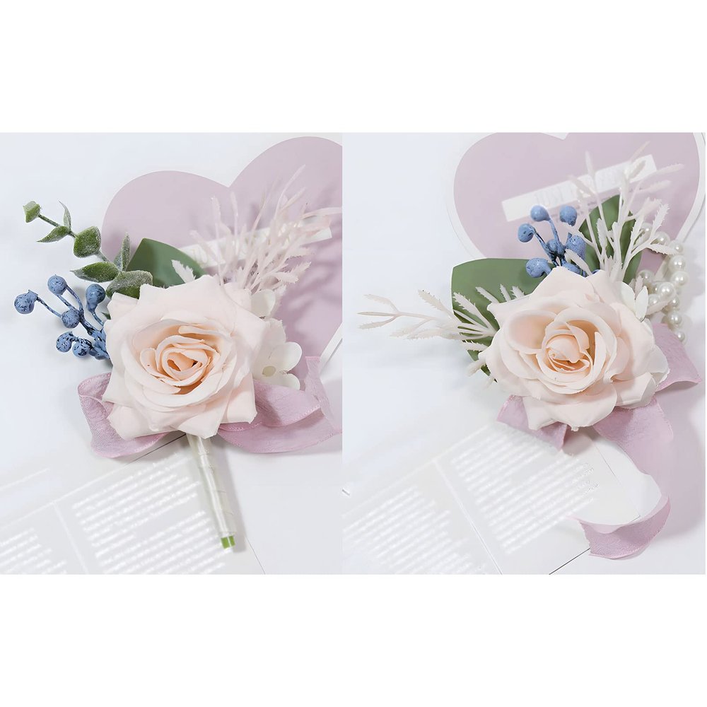 Cileruide Dusty Light Pink Wrist Corsage Boutonniere Rose Set for Wedding Bride Bridesmaid Groom Groomsmen Parents Pocket Flower Prom Homecoming Formal Dinner Father Daughter Dance (Light Pink Set)