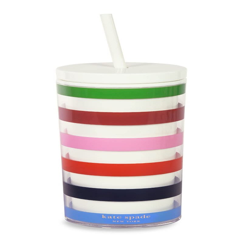 kate spade new york Acrylic Tumbler with Lid and Straw, 24 oz Tumbler, Slim Double Wall Tumbler, Adventure Stripe