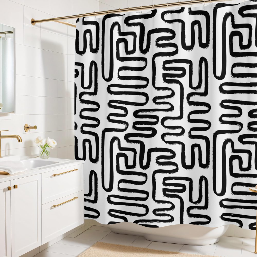 Worthwhile Goods Black and White Abstract Shower Curtain  72x72 Boho Bathroom Curtain with Hand-Painted Minimalist Design, Modern Scandinavian Fabric Decor for Apartments, Dorms, or Guest Baths