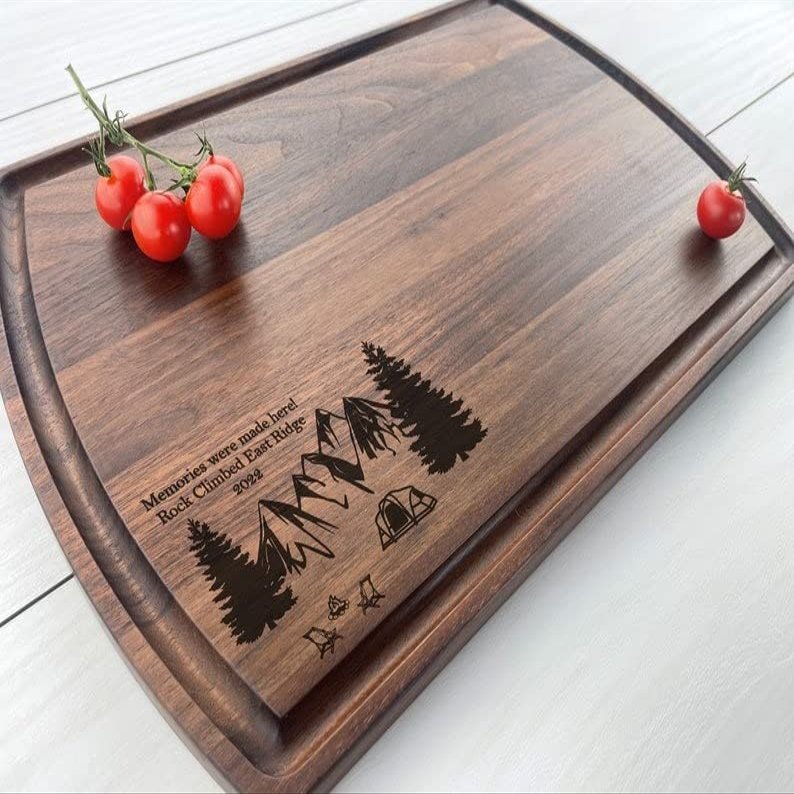Personalized Cutting Board, Custom Cutting Board, Camping Cutting Board, Campfire, Tent, Camping Life, Rock Climbing, Rock Climber Gift, 246 (Walnut, 17" x 11")