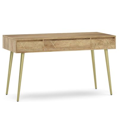 SIMPLIHOME Jager Desk - 54 Inch Wide Solid Mango Wood and Metal Writing Desk in Natural, Mid-Century Contemporary Home Office Computer Table with 2 Soft-Close Drawers and Flip-Down Keyboard Tray