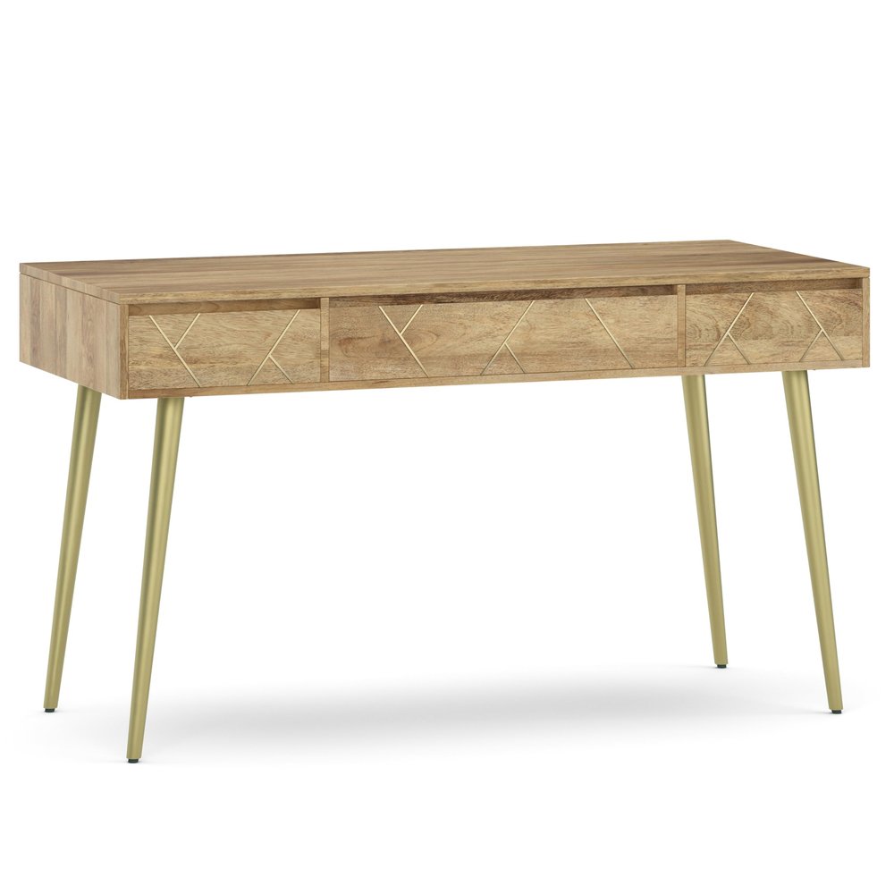 SIMPLIHOME Jager Desk - 54 Inch Wide Solid Mango Wood and Metal Writing Desk in Natural, Mid-Century Contemporary Home Office Computer Table with 2 Soft-Close Drawers and Flip-Down Keyboard Tray