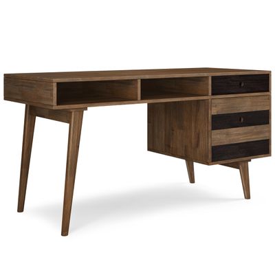SIMPLIHOME Clarkson Desk - 60 Inch Wide Solid Acacia Wood Writing Desk in Rustic Natural Aged Brown, Contemporary Home Office Computer Table for Study with 2 Side Drawers and Open Storage Compartments