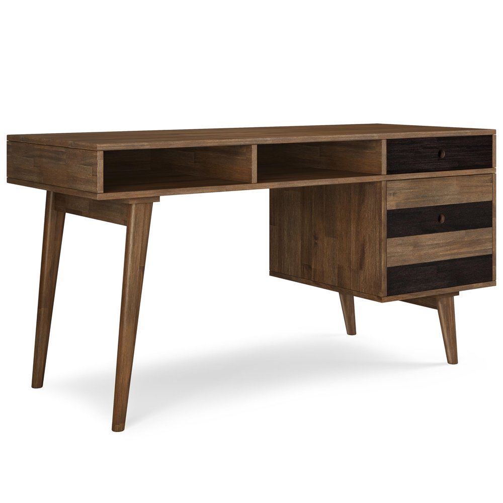 SIMPLIHOME Clarkson Desk - 60 Inch Wide Solid Acacia Wood Writing Desk in Rustic Natural Aged Brown, Contemporary Home Office Computer Table for Study with 2 Side Drawers and Open Storage Compartments