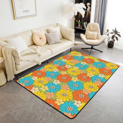 Erosebridal 60S 70S Hippie Area Rug 5'x6'6'' Retro Groovy Flowers Decorative Rug for Living Room Abstract Vintage Floral Boho Natural Botanical Non Shedding Carpet for Kids Girls Teen