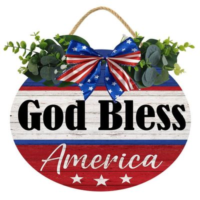 KPSheng Independence Day Decorations Doorplate Round Wood Hanger Ameri*can Flag Patriotic for Front Door Porch Wall Window Memorial Day Decor Plaque Door Wall Hanging Decorations 11 Inch
