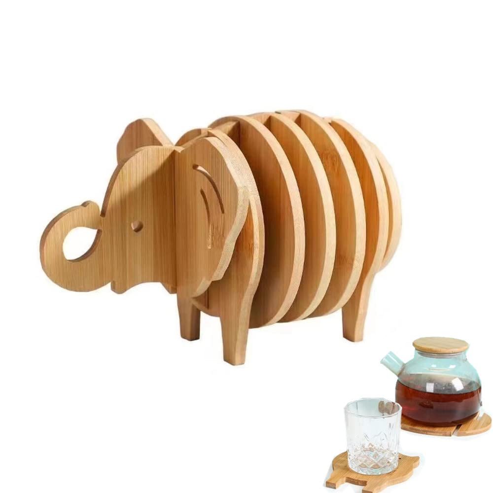 8pcs/Set Kitchen Trivet Mat, Splicable 3D Elephant Placemat Potholder, Heat Resistance, Creative Bamboo Hot Pads Trivet, for Hot Dishes Pot Bowl Teapot Hot Pot, 3D Elephant Home Decoration