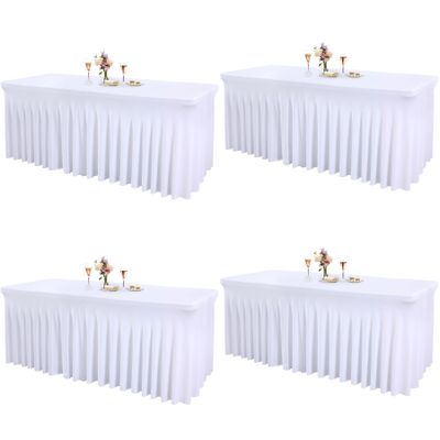 4 Packs White Tableclothes for 6 Foot Rectangle Tables, Wrinkle Resistant Fitted Table Cloth Stretch Spandex Table Covers with Skirt for Event Banquet Wedding Birthday Party