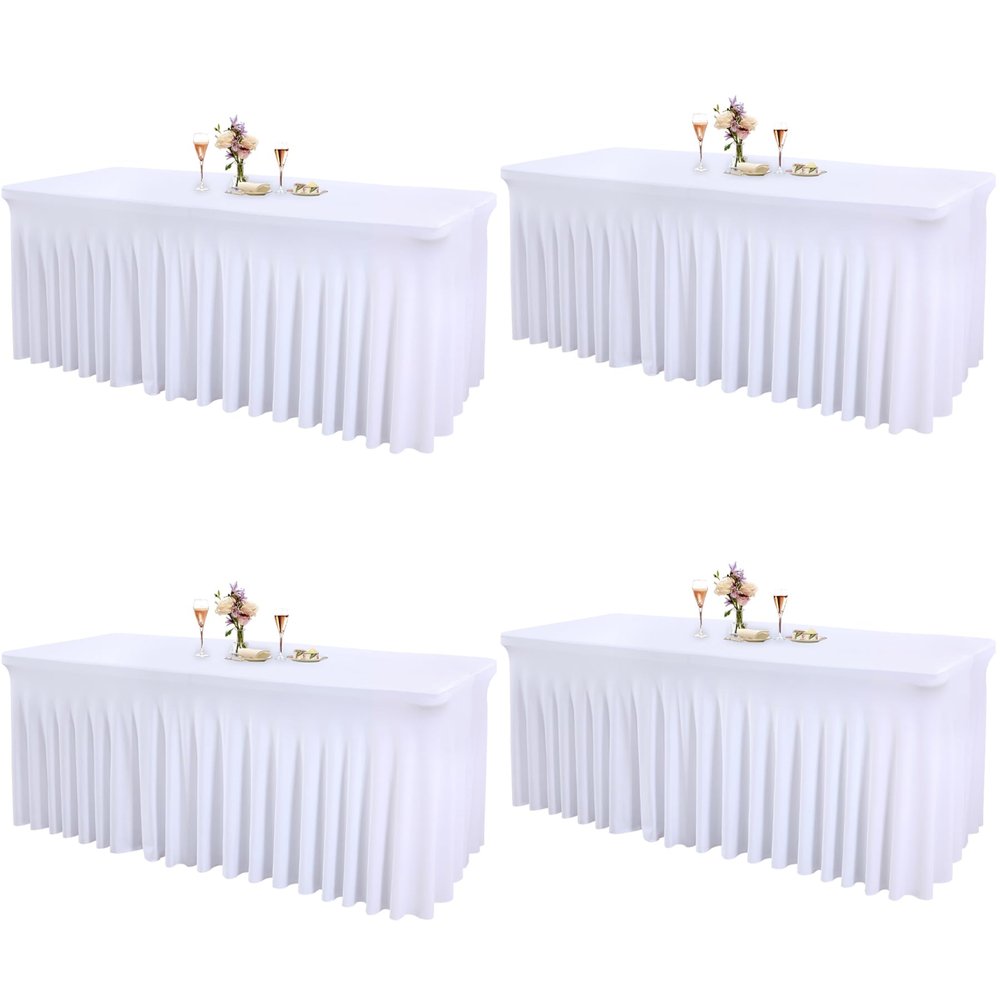 4 Packs White Tableclothes for 6 Foot Rectangle Tables, Wrinkle Resistant Fitted Table Cloth Stretch Spandex Table Covers with Skirt for Event Banquet Wedding Birthday Party