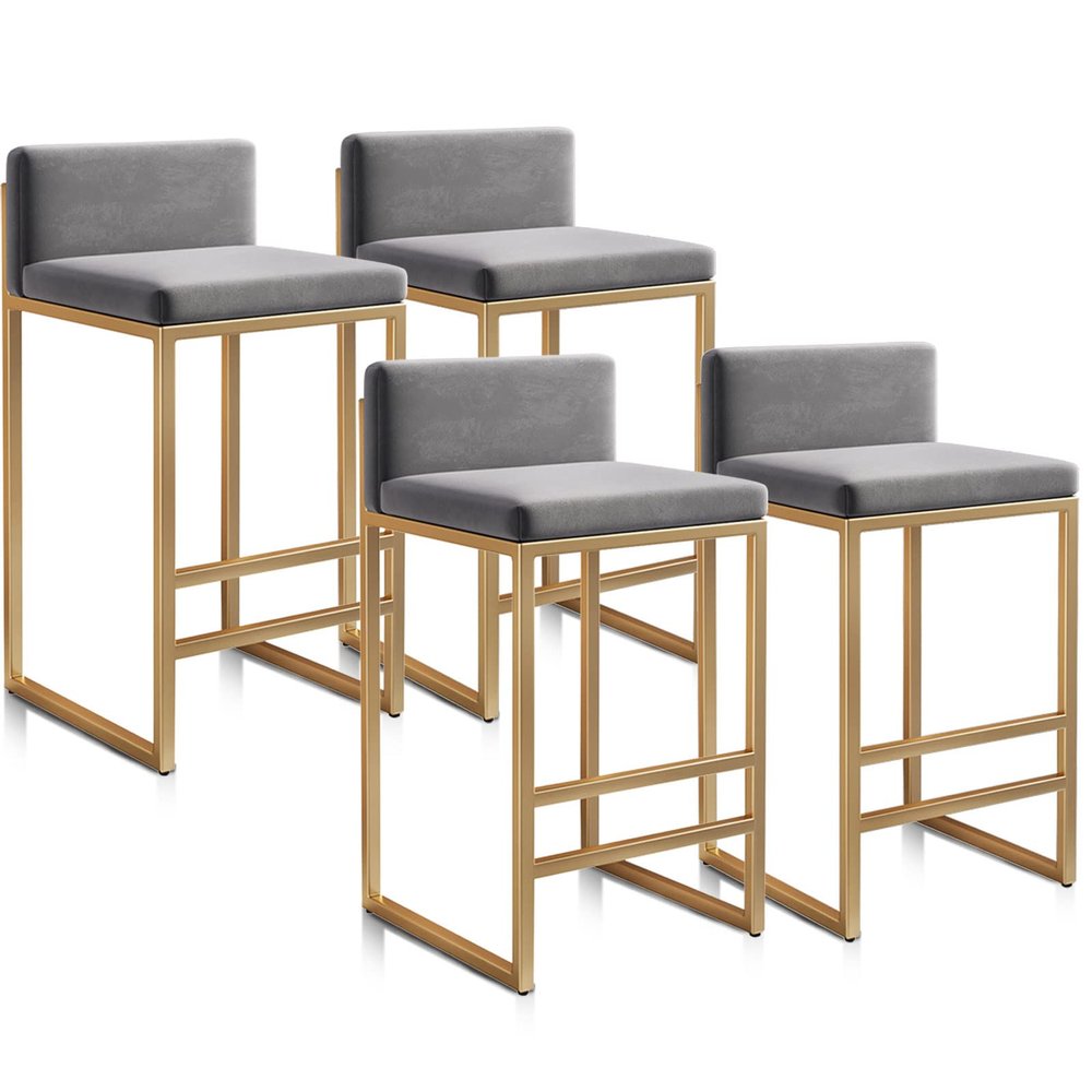 Guyifuny Counter Height 29.5" Bar Stools Set of 4 for Kitchen Counter Modern Industrial Velvet Upholstered Stools Farmhouse Island Chairs with Gold Footrest, Grey