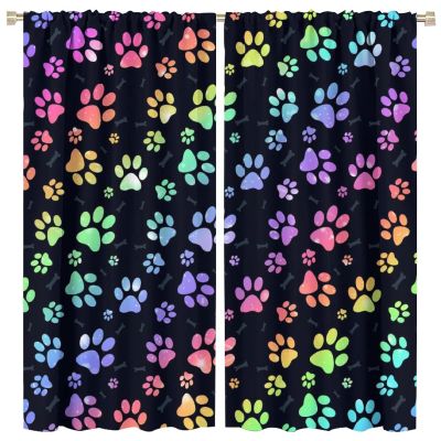 Abstract Dog Paw Blackout Curtains for Bedroom, Colorful Cute Dogs Cat Pet Bones Print Rainbow Theme Rod Pocket Thermal Insulated Room Darkening Curtains Window Drapes 84x84in
