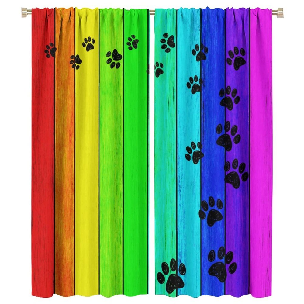Rainbow Colorful Paw for Dog Curtains Rustic Old Barn Wood Board Animal Cute DogsWindow Drapes Rod Pocket Curtains Darkening Thermal Insulated for Living Room 42x54 Inch