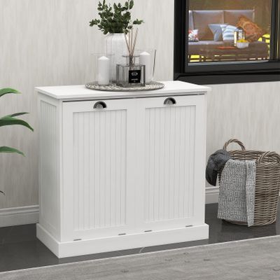 Goujxcy Tilt-Out Laundry Sorter Cabinet with Two-Compartment, Double Tilt Out Bathroom Storage Organizer Bathroom Hamper, White