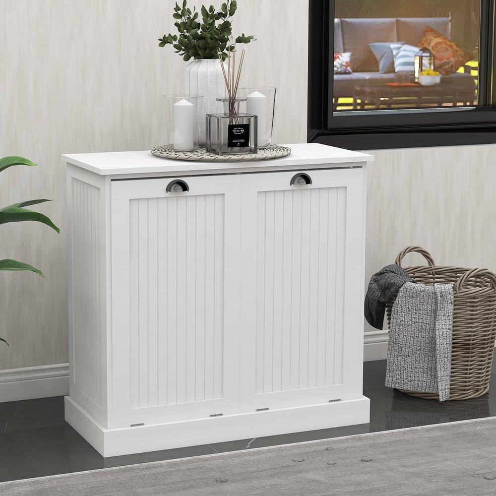 Goujxcy Tilt-Out Laundry Sorter Cabinet with Two-Compartment, Double Tilt Out Bathroom Storage Organizer Bathroom Hamper, White