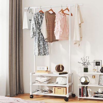 AZHANGYB Clothes Rack with Shoe Shelves, Heavy Duty Clothing Rack, Industrial Pipe Style Rolling Garment Rack with Shelf, for Bedroom, Laundry Room (B)