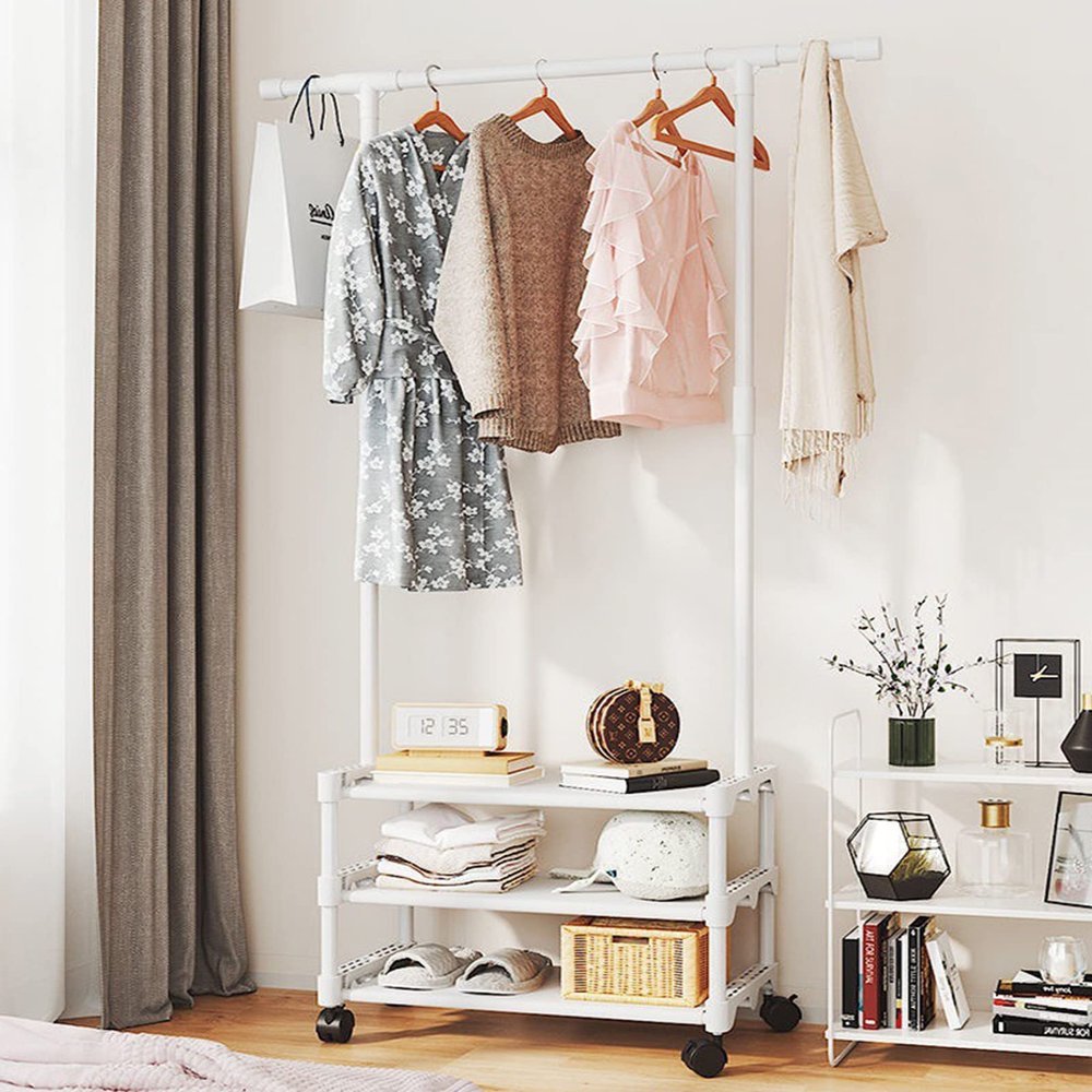 AZHANGYB Clothes Rack with Shoe Shelves, Heavy Duty Clothing Rack, Industrial Pipe Style Rolling Garment Rack with Shelf, for Bedroom, Laundry Room (B)
