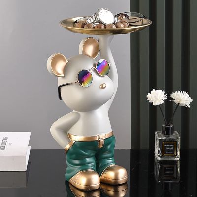 AOPPLSOT Key Bowl Modern Bear Sculpture Deco, Desk Deco, Key, Hallway Deco, Money Box with Tray Stainless Steel, Resin,White d