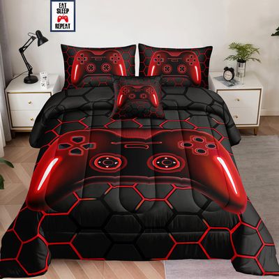 6 Pieces Bed in a Bag for Boys Bedding Sets Full Size,Gamer Comforter Sets for Boys Kids, Gaming Comforter Set for Teens Room Decor with Flat Sheet,Fitted Sheet,Pillowcase,Cushion Cover