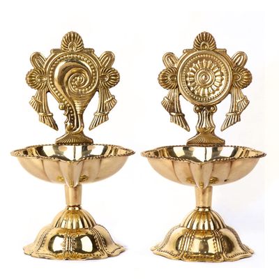 SATVIK 2 Pc Pair of Brass Designer Shankh Chakra Diya Traditional Indian Festive Diwali Puja Pooja Mandir Home Temple Oil Lamp Dia Indian Housewarming Return Gift Items