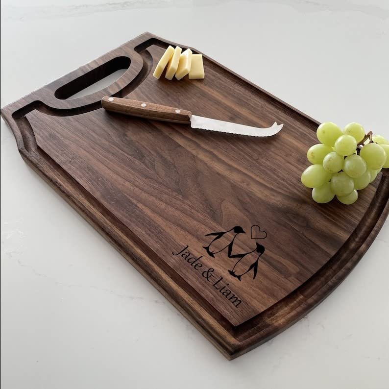 Personalized Cutting Board, Custom Cutting Board, Penguin Themed Gift, Couples Gift, Wedding Gift, Engagement Gift, 046 (Maple, Arched 12" x 9")