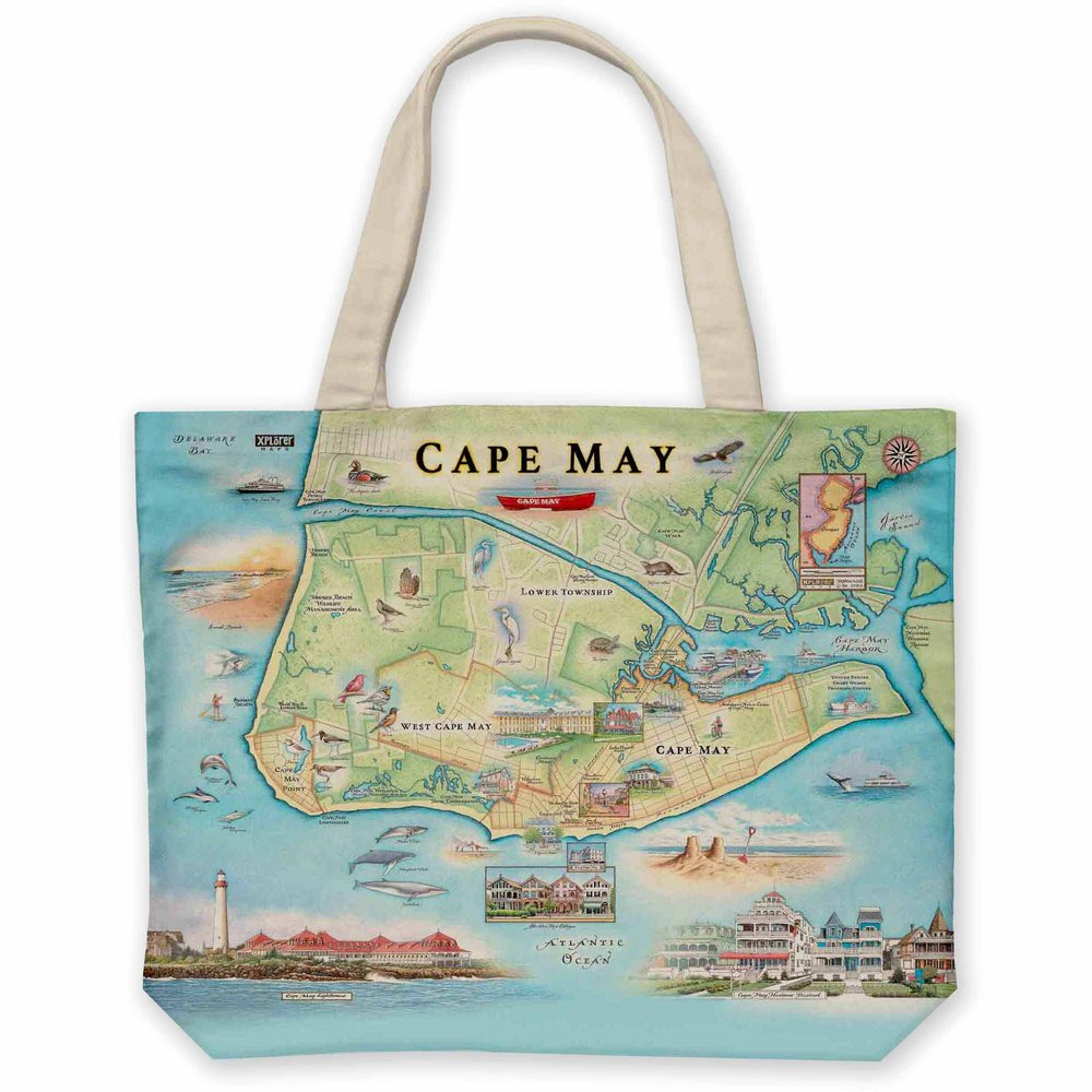Xplorer Maps New Jersey's Cape May Map Canvas Tote Bag with Handles, Cloth Grocery Shopping Bag, Reusable & Eco-friendly Bag, 100% Cotton, Washable, 18 wide x 15 tall