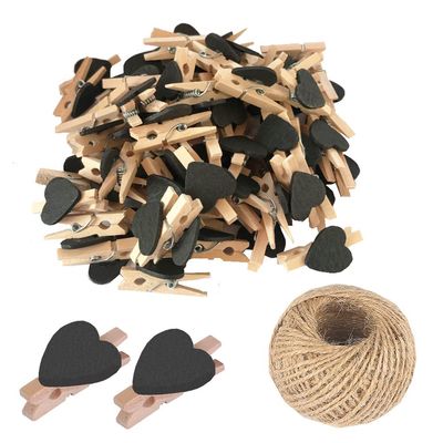 SKYPRO 100Pcs Black Mini Wooden Heart Clothespins, Multicolor Small Clothespins with Heart, 3cm Heart Photo Clips, DIY Craft