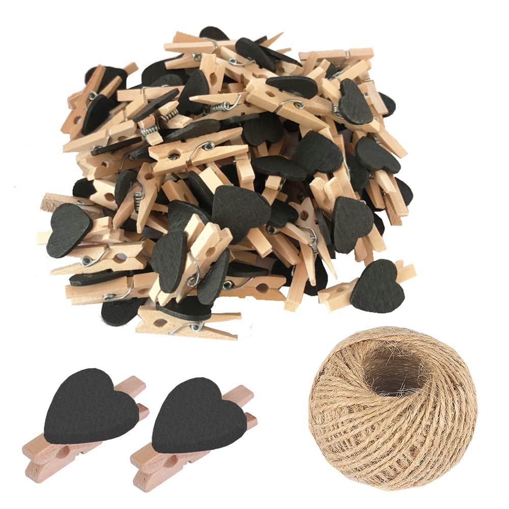 SKYPRO 100Pcs Black Mini Wooden Heart Clothespins, Multicolor Small Clothespins with Heart, 3cm Heart Photo Clips, DIY Craft