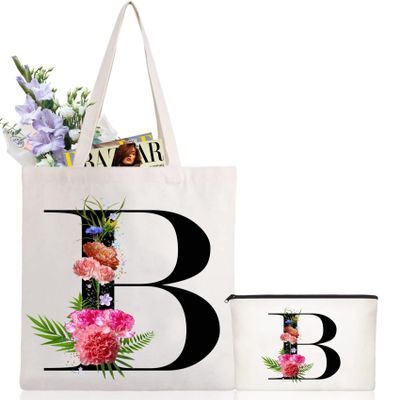 Andeiltech Initial Canvas Tote Bag Floral Letter Personalized Makeup Bag Monogrammed Gift for Bridesmaids Birthday Wedding